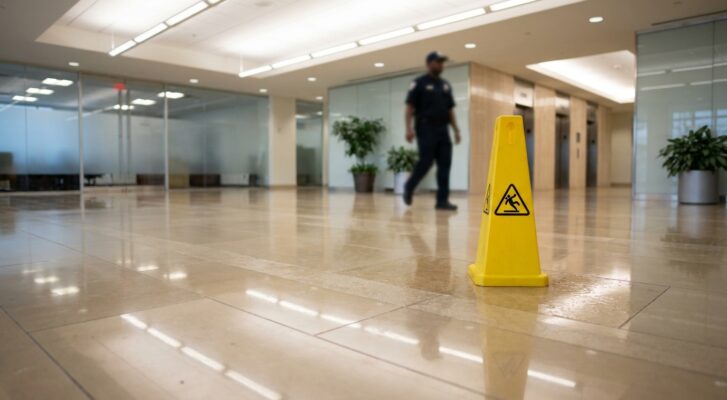 Wet floor caution sign in office lobby with worker near elevators