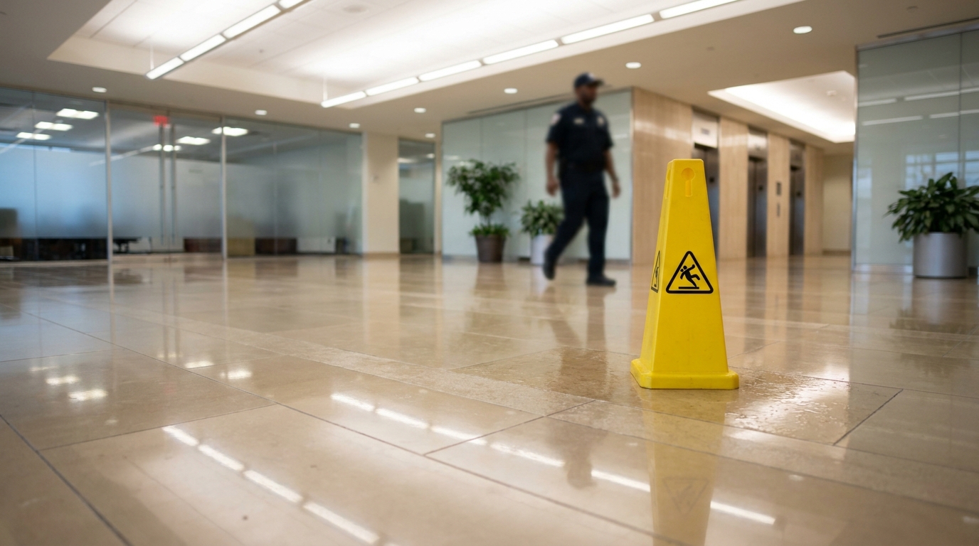 Wet floor caution sign in office lobby with worker near elevators