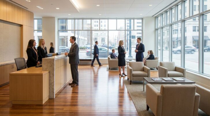 Law firm reception desk with attorneys and clients in modern waiting area