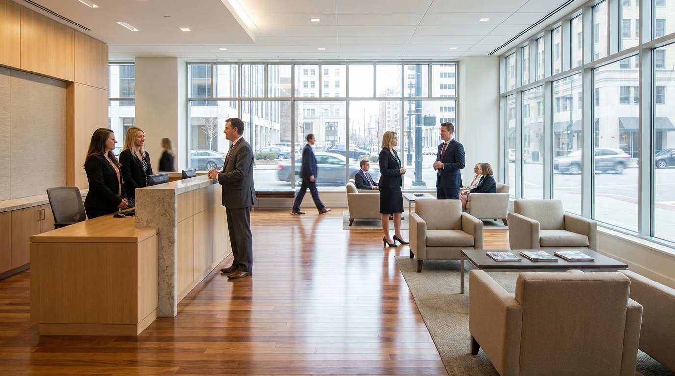 Law firm reception desk with attorneys and clients in modern waiting area