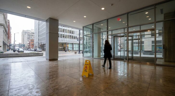 Building lobby entrance with revolving doors, pedestrian, and caution wet floor sign