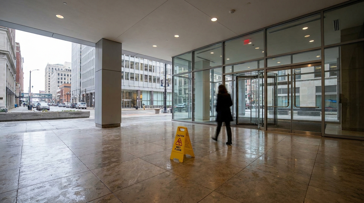 Building lobby entrance with revolving doors, pedestrian, and caution wet floor sign