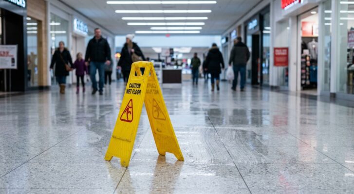 Caution Wet Floor sign on wet tile in busy shopping mall corridor