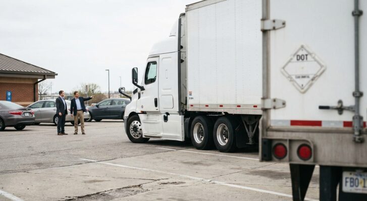 two attorneys in suits examining semi-truck with DOT placard in parking lot