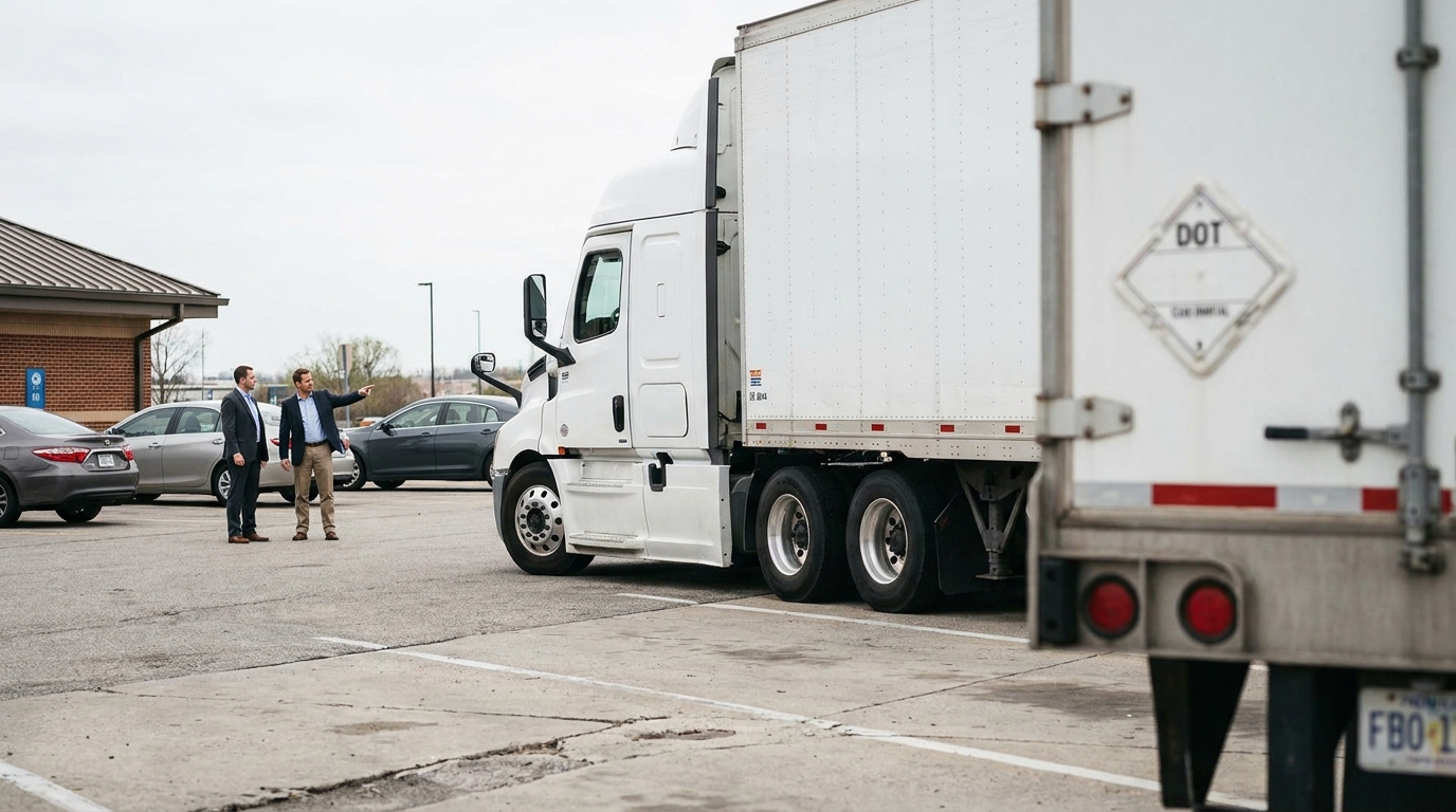two attorneys in suits examining semi-truck with DOT placard in parking lot
