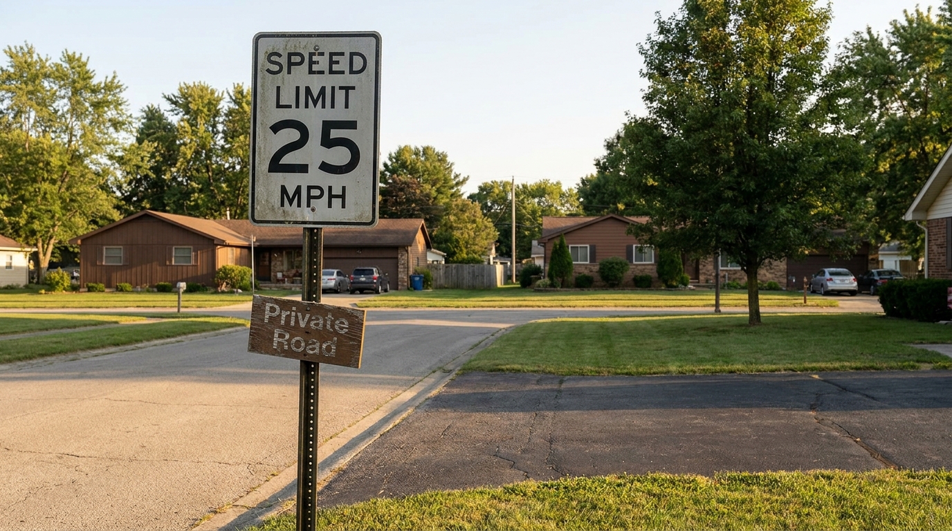 Speed Limit 25 MPH sign posted at residential Private Road entrance
