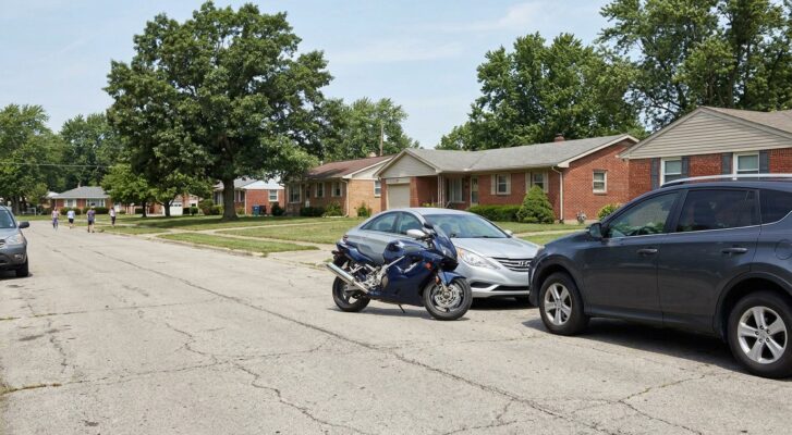 sport motorcycle parked alongside sedan and SUV on residential street