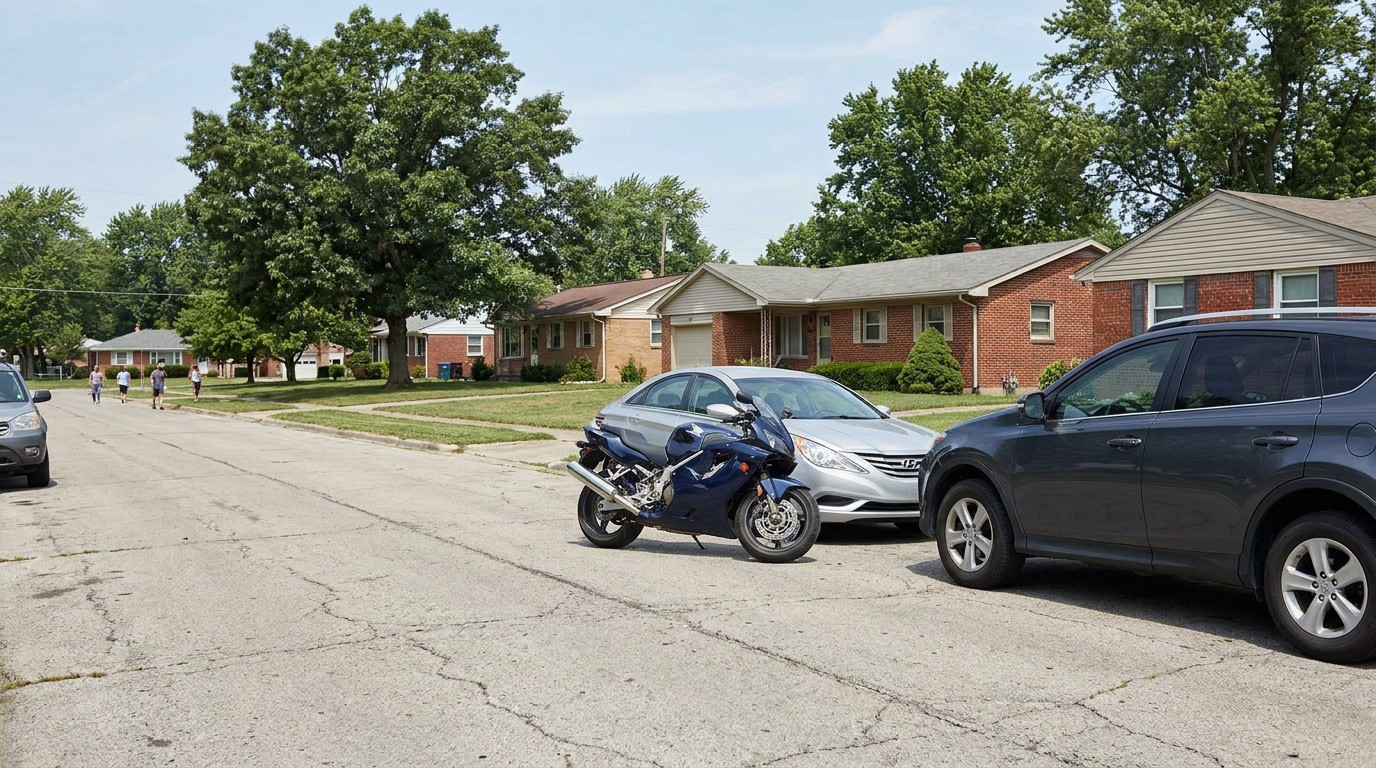 sport motorcycle parked alongside sedan and SUV on residential street