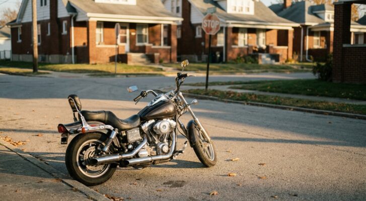 cruiser motorcycle parked on residential street corner near stop sign