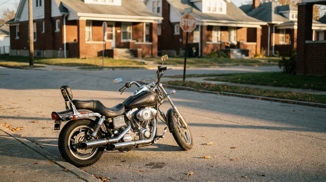 cruiser motorcycle parked on residential street corner near stop sign
