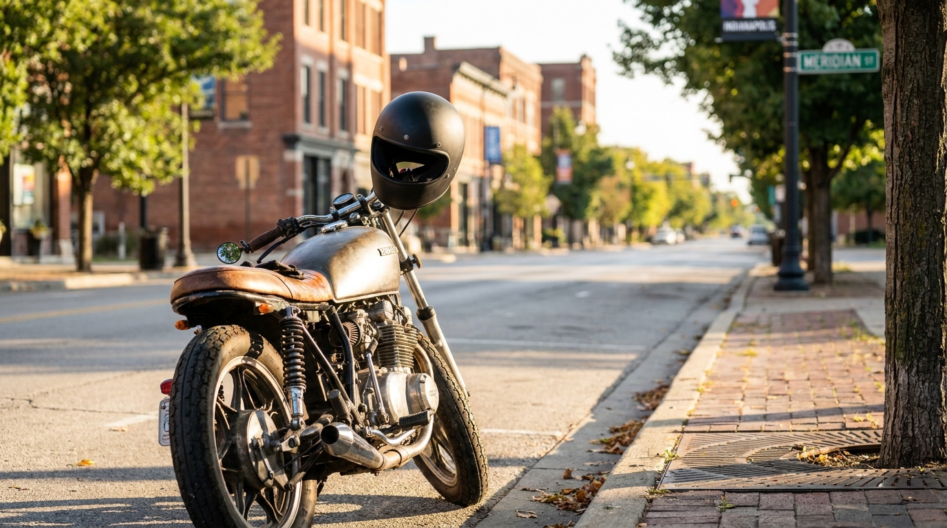 vintage motorcycle with helmet parked on Indianapolis Meridian Street sidewalk