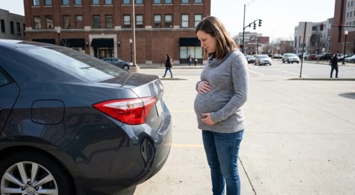 pregnant woman standing beside parked sedan on urban street sidewalk