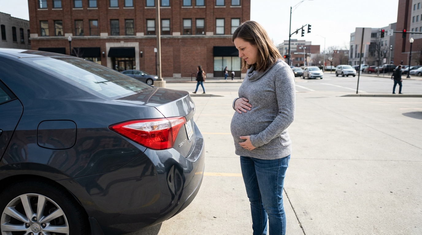 pregnant woman standing beside parked sedan on urban street sidewalk