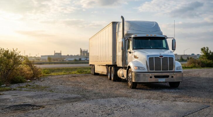 semi-truck with full trailer parked on gravel lot near industrial area