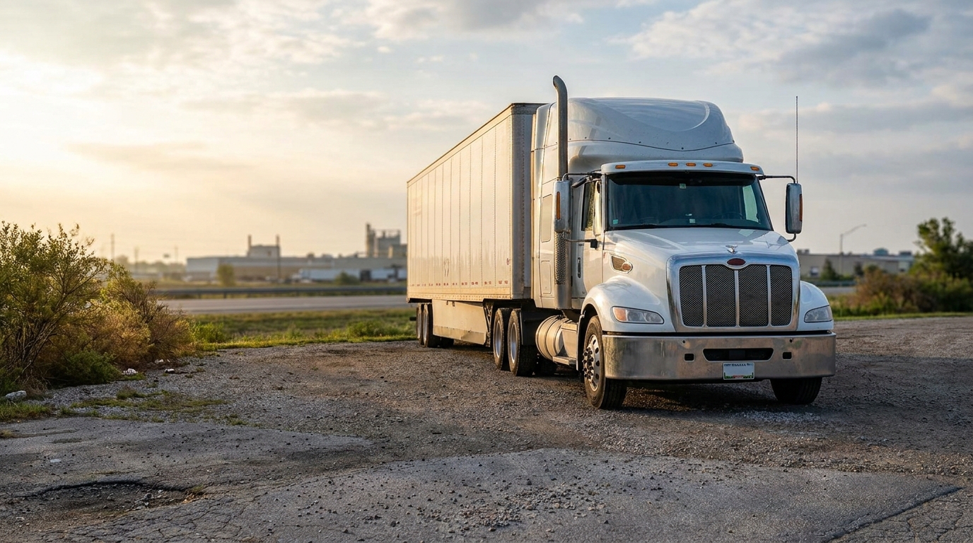 semi-truck with full trailer parked on gravel lot near industrial area