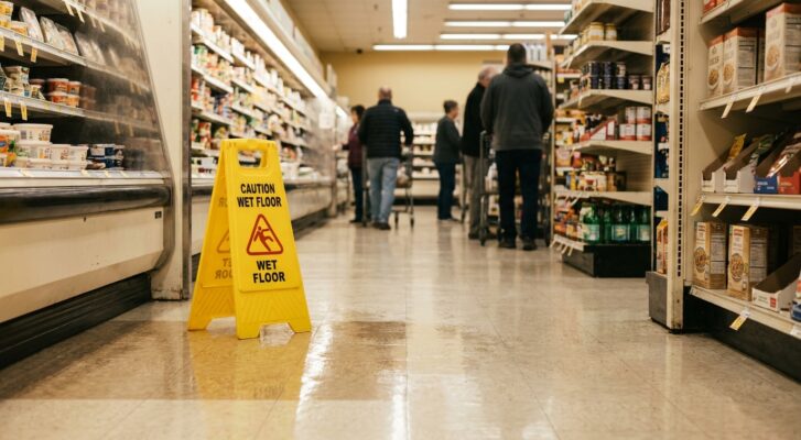 Caution Wet Floor warning sign placed in grocery store aisle near shoppers