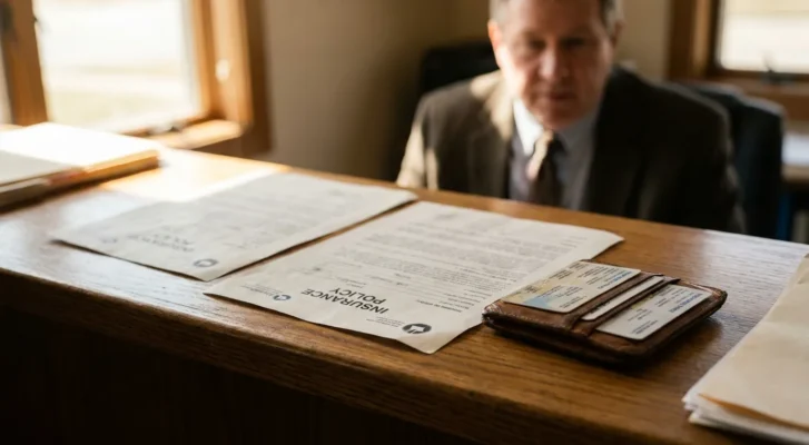 insurance policy documents and wallet on desk with attorney in background