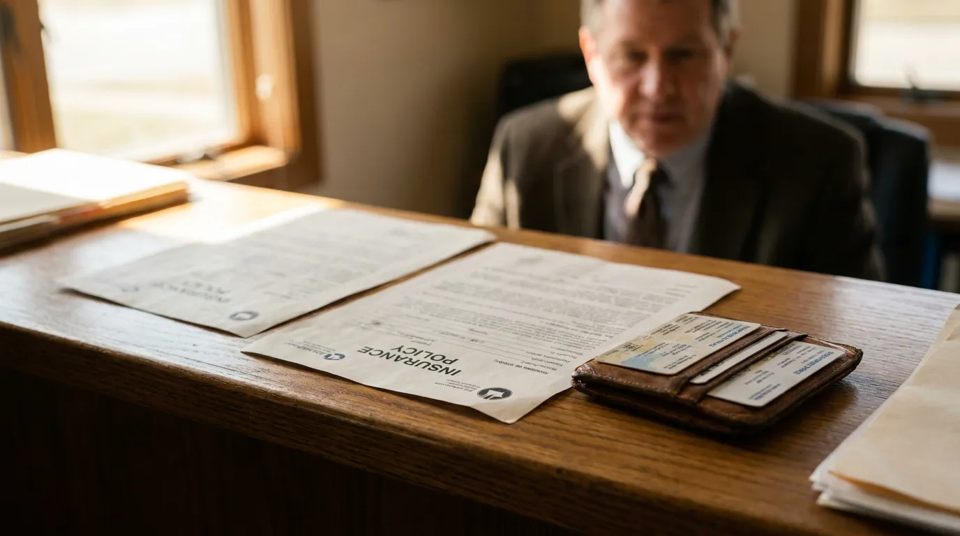 insurance policy documents and wallet on desk with attorney in background