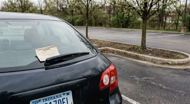 car rear window displaying prenatal appointment reminder card in parking lot