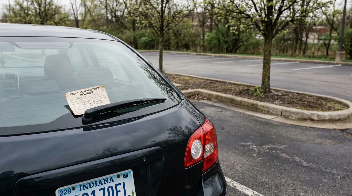 car rear window displaying prenatal appointment reminder card in parking lot