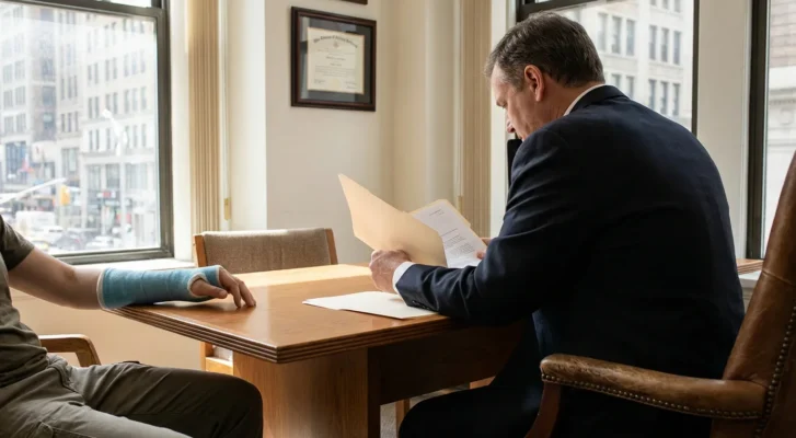 attorney reviewing case file with injured client wearing wrist cast in office