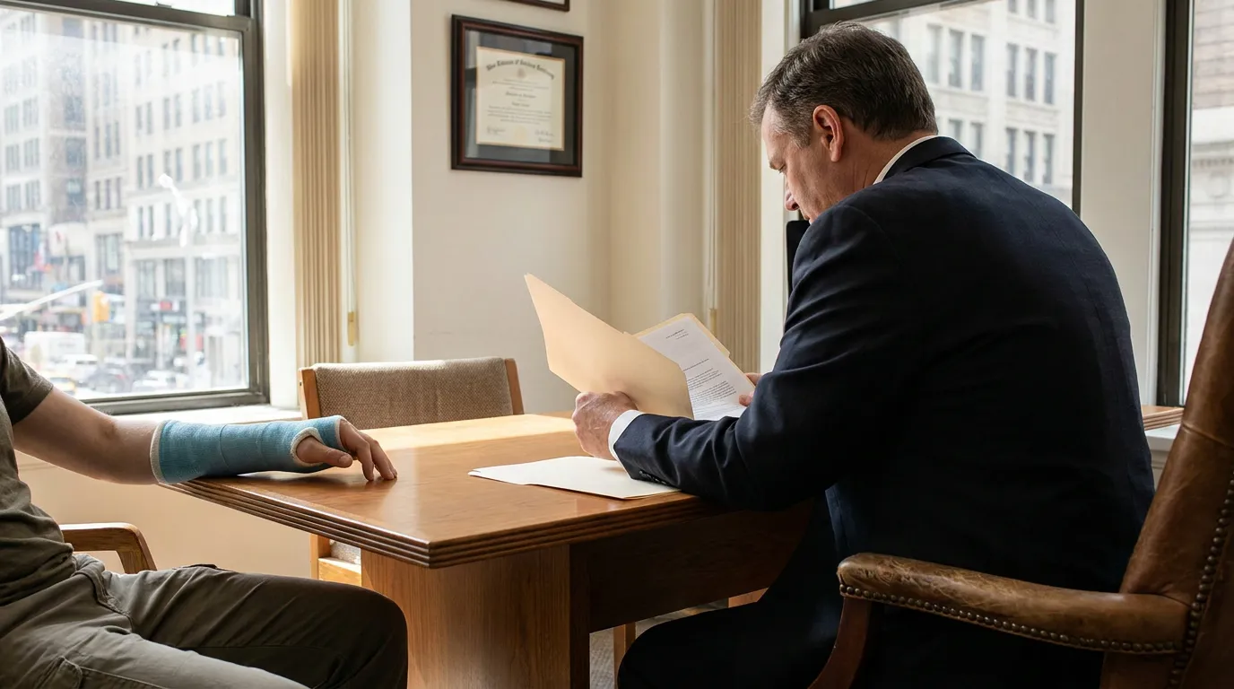 attorney reviewing case file with injured client wearing wrist cast in office
