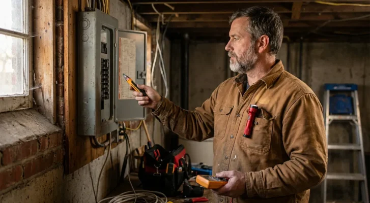 electrician holding voltage tester and multimeter inspecting residential electrical panel