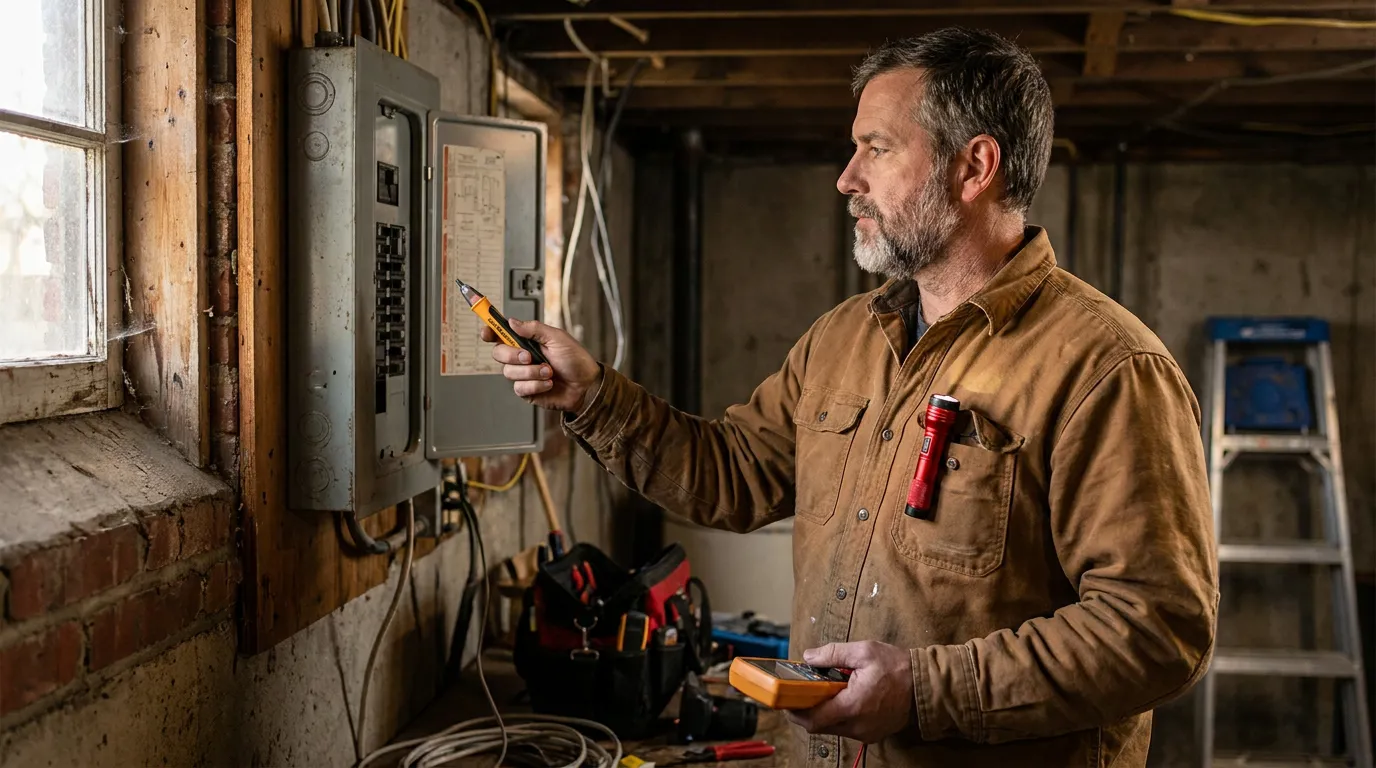 electrician holding voltage tester and multimeter inspecting residential electrical panel