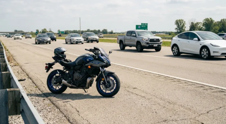 motorcycle with helmet resting on seat stopped on highway shoulder near traffic
