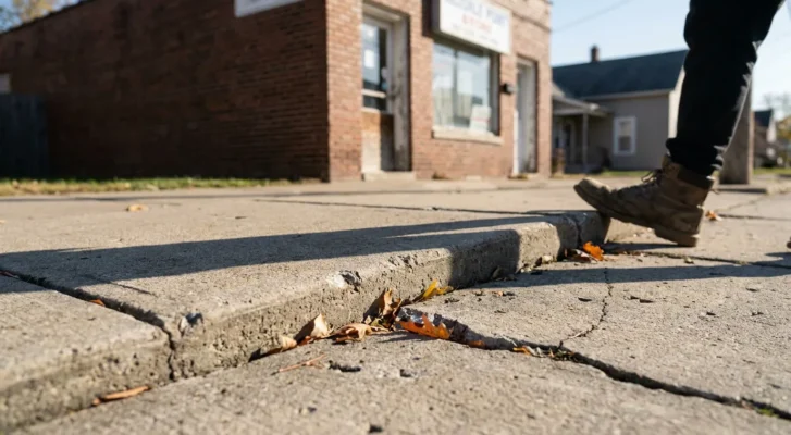 pedestrian stepping over cracked uneven sidewalk near brick commercial building
