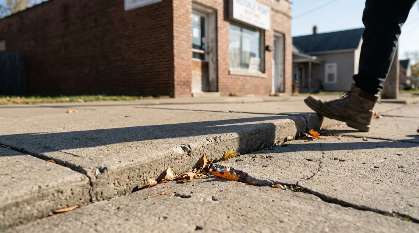 pedestrian stepping over cracked uneven sidewalk near brick commercial building