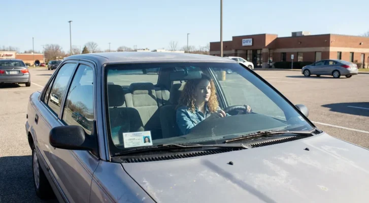 young woman seated in car holding steering wheel outside DMV building