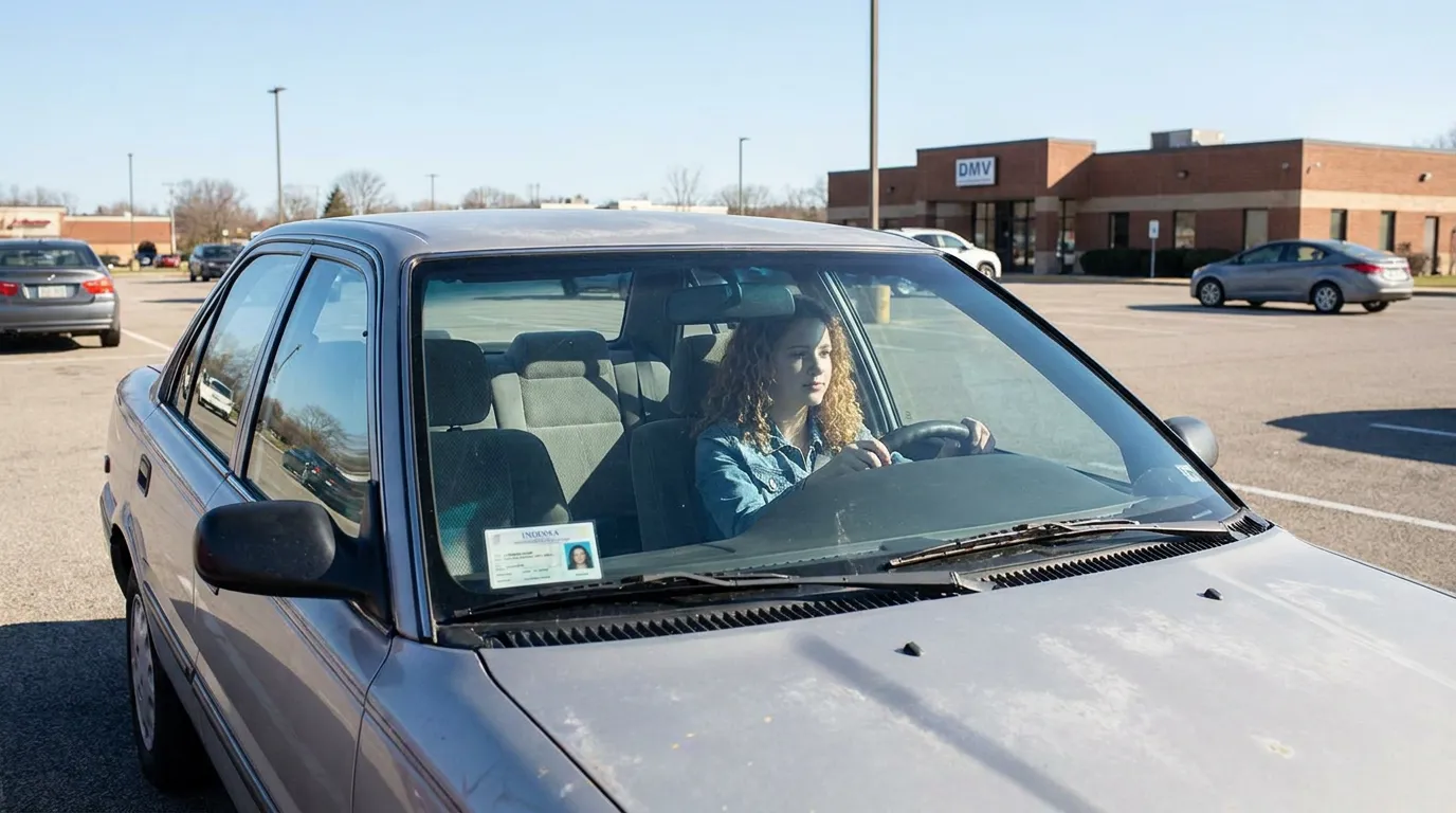young woman seated in car holding steering wheel outside DMV building