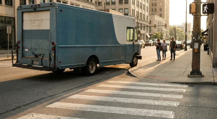 delivery truck turning at urban intersection near pedestrians and crosswalk