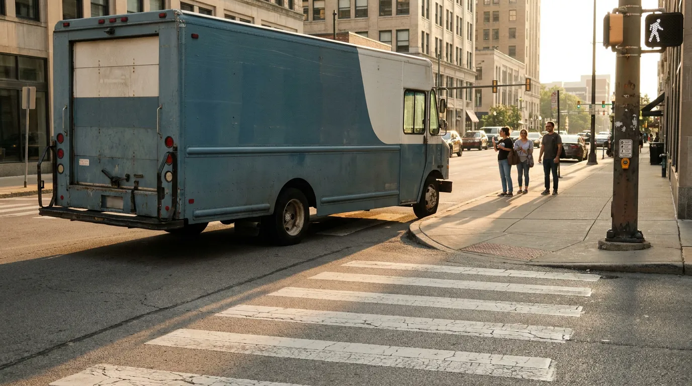delivery truck turning at urban intersection near pedestrians and crosswalk