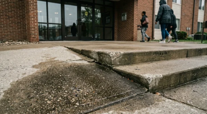 cracked and uneven concrete steps outside brick building with pedestrians walking nearby