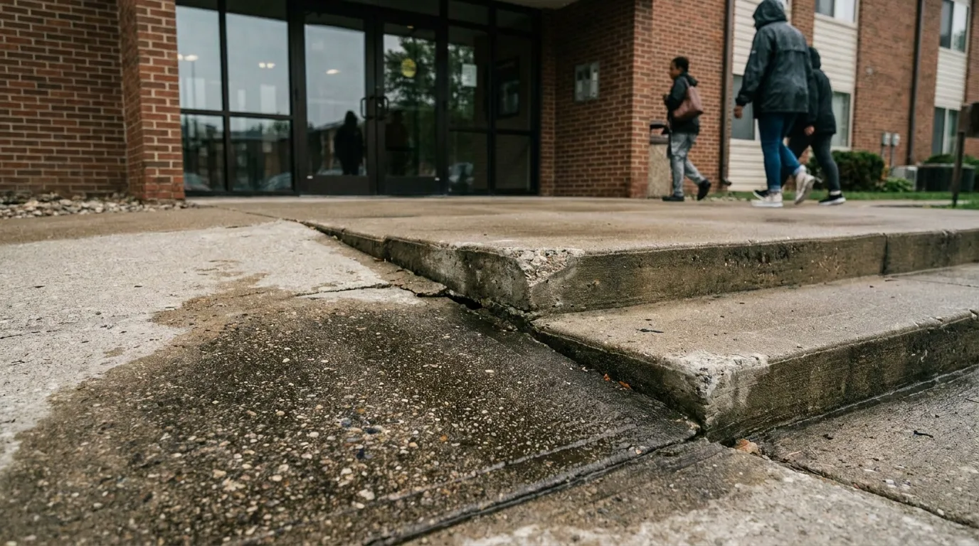 cracked and uneven concrete steps outside brick building with pedestrians walking nearby