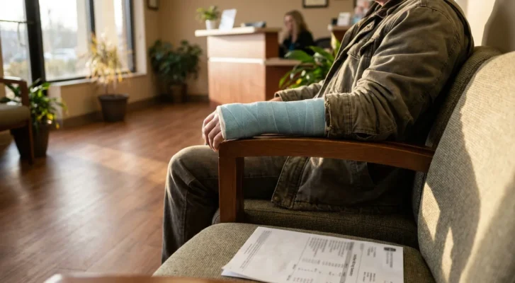 injured person with arm cast seated in waiting room holding documents