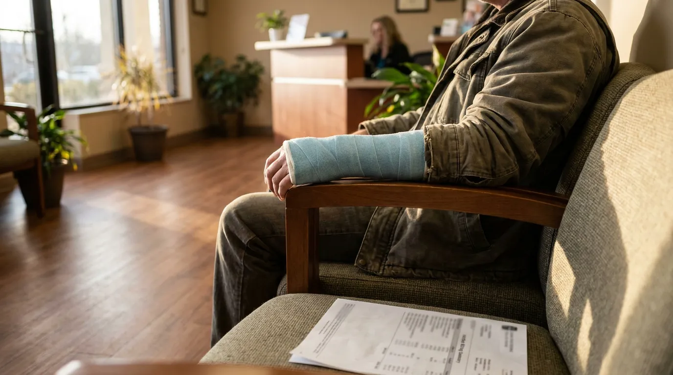 injured person with arm cast seated in waiting room holding documents