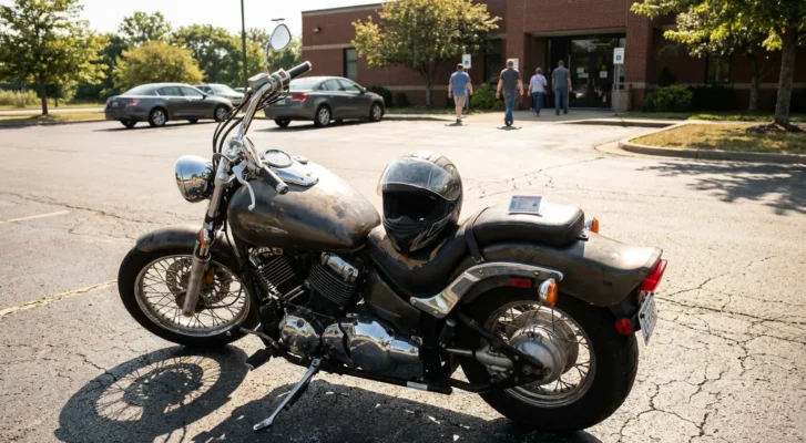 motorcycle with full-face helmet resting on seat parked in lot outside building