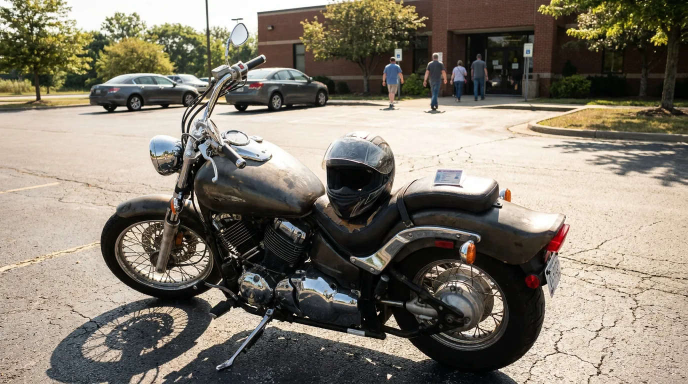 motorcycle with full-face helmet resting on seat parked in lot outside building