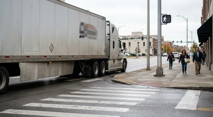semi-truck passing pedestrian crosswalk as pedestrians walk on nearby sidewalk