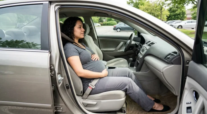 pregnant woman seated in car passenger seat wearing seatbelt with door open