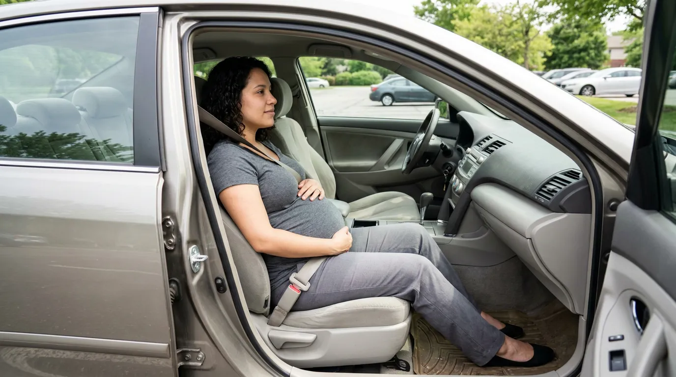 pregnant woman seated in car passenger seat wearing seatbelt with door open