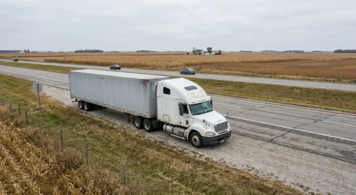 semi-truck with large trailer traveling rural highway alongside harvested farmland