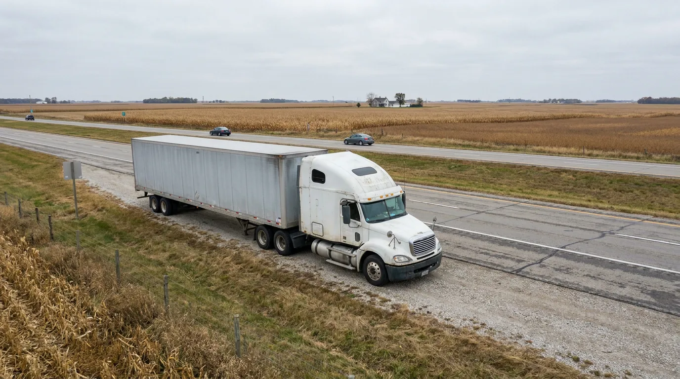 semi-truck with large trailer traveling rural highway alongside harvested farmland