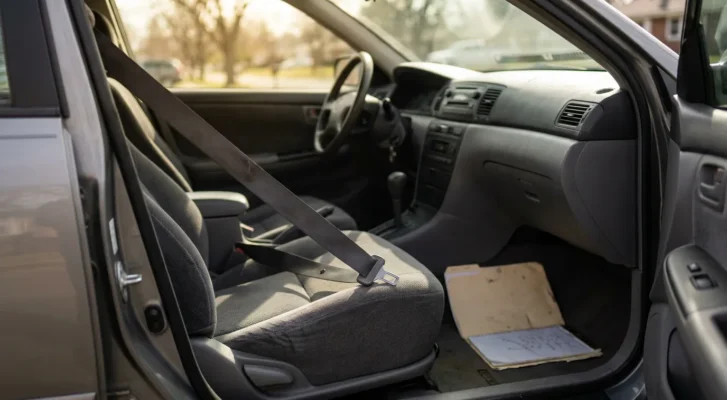 open car door revealing front seat with unlatched seatbelt and notepad on floor