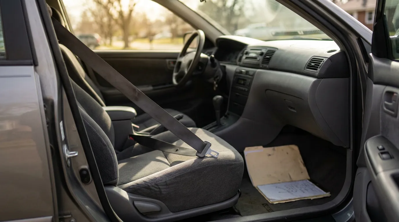 open car door revealing front seat with unlatched seatbelt and notepad on floor