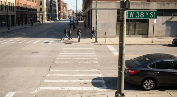 pedestrians crossing W 38th St intersection with crosswalk markings and street sign