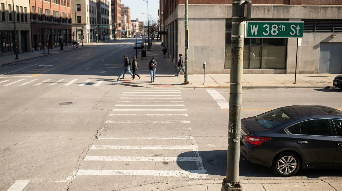 pedestrians crossing W 38th St intersection with crosswalk markings and street sign